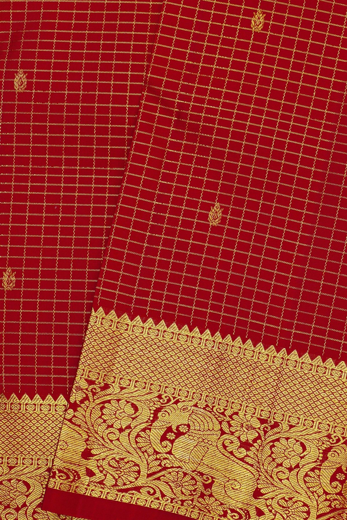 Kancheepuram Silk Red Saree With Zari Checks Florals Leaves And Yalli Border