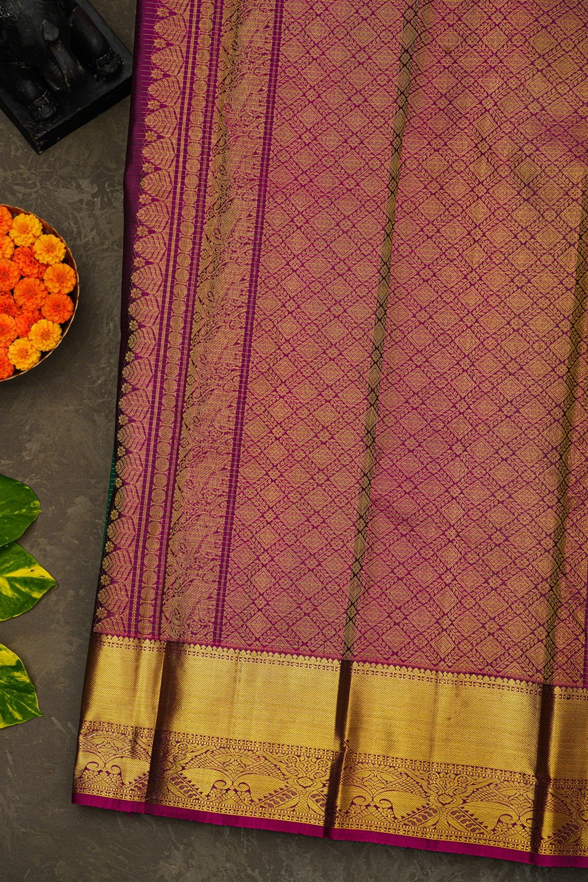 Kancheepuram Silk Bottle Green Saree With Checks And Parrot Buttis Body