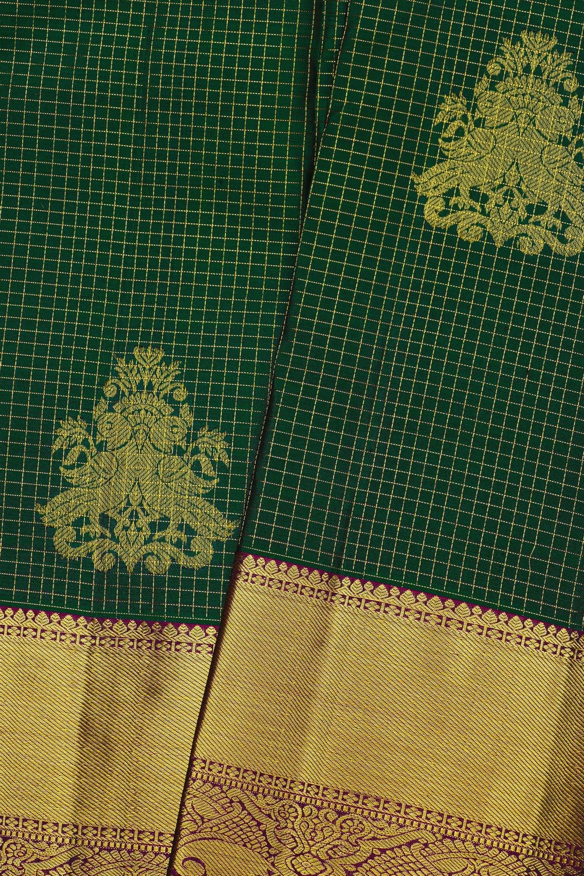 Kancheepuram Silk Bottle Green Saree With Checks And Parrot Buttis Body