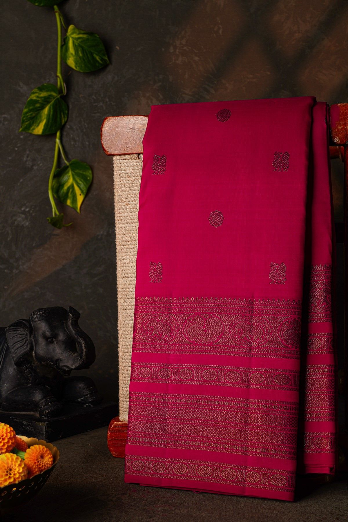 Kancheepuram Silk Dark Pink Saree With Floral And Peacock Buttis Body