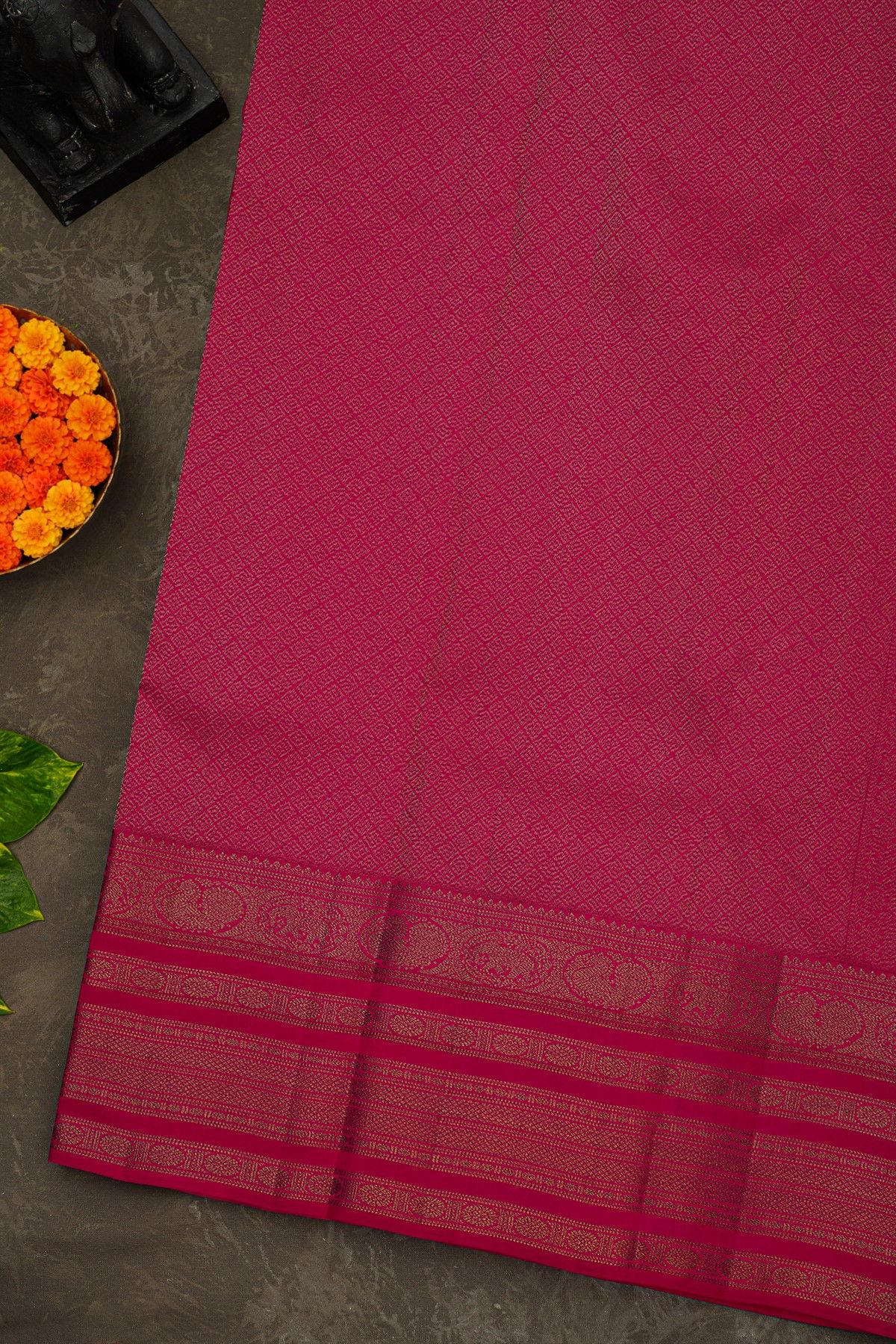 Kancheepuram Silk Dark Pink Saree With Floral And Peacock Buttis Body
