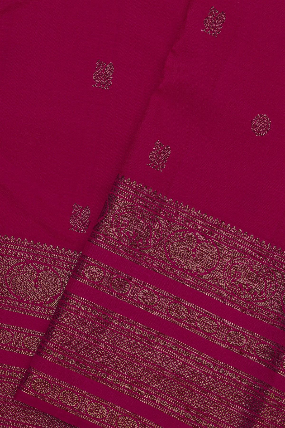 Kancheepuram Silk Dark Pink Saree With Floral And Peacock Buttis Body