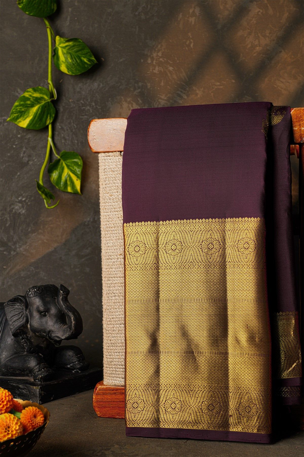 Kancheepuram Silk Dark Wine Saree With Gandaberunda Buttis And Birds Body