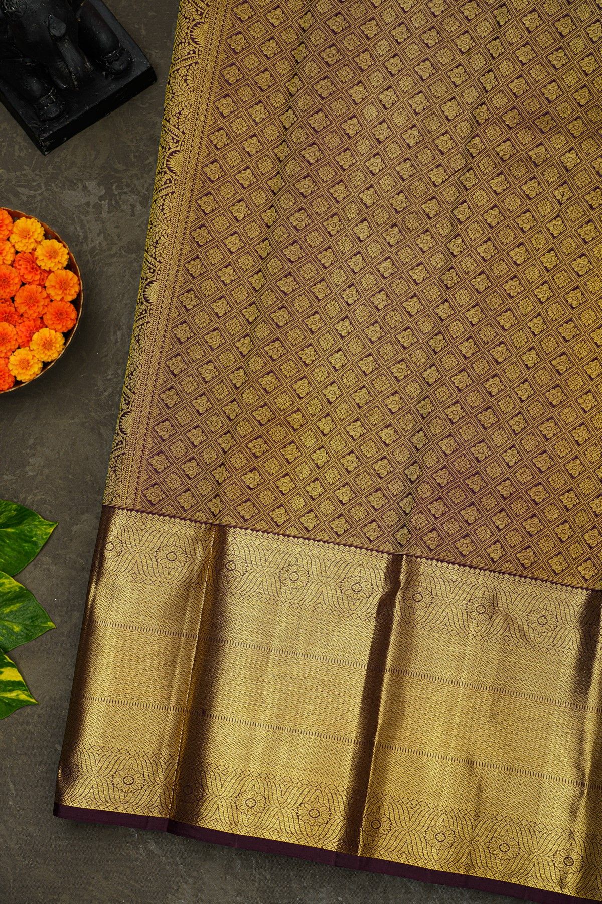 Kancheepuram Silk Dark Wine Saree With Gandaberunda Buttis And Birds Body