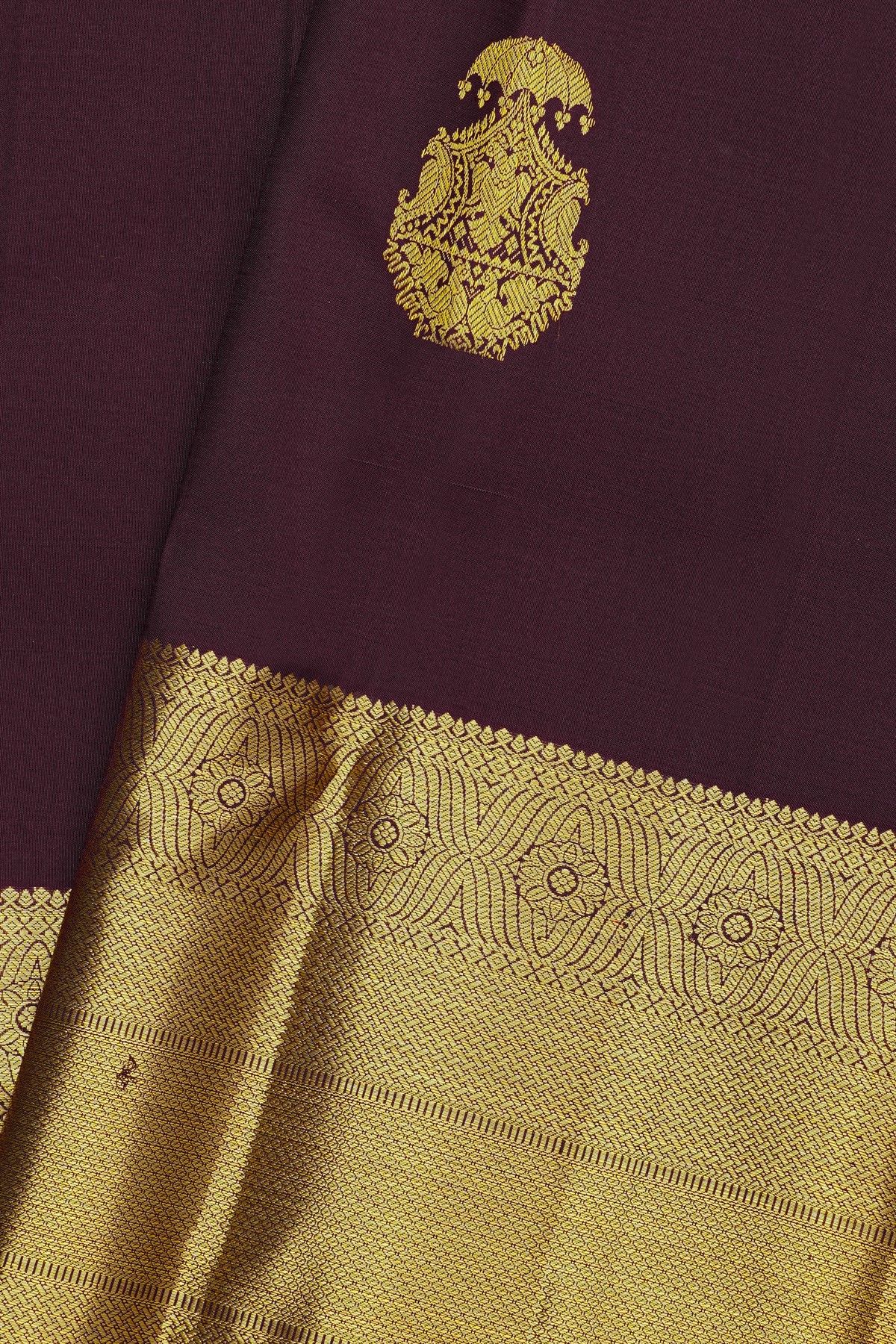 Kancheepuram Silk Dark Wine Saree With Gandaberunda Buttis And Birds Body