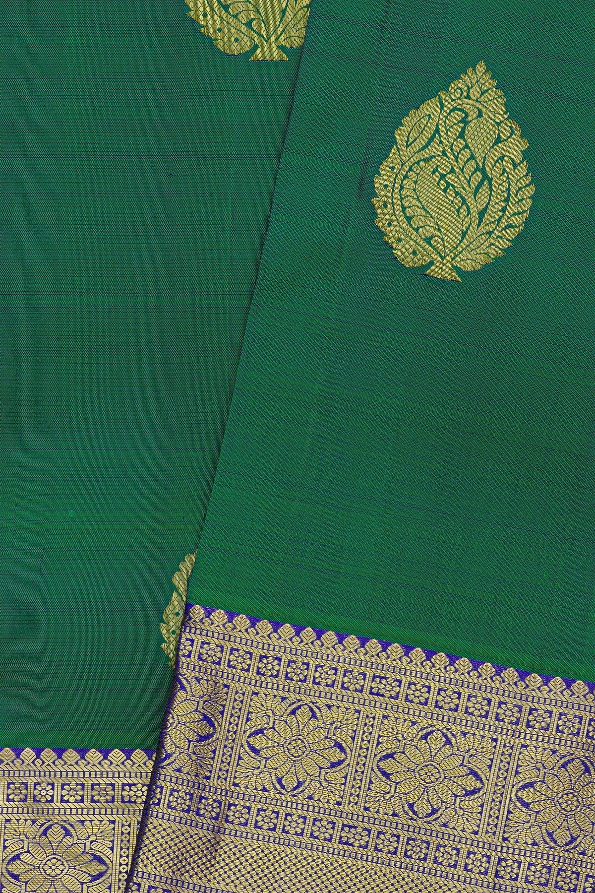 Kancheepuram Silk Peacock Green Saree With Florals And Leaves Border