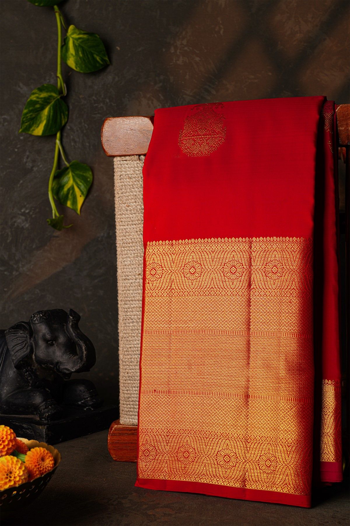 Kancheepuram Silk Red Saree With Gandaberunda Buttis And Birds Body