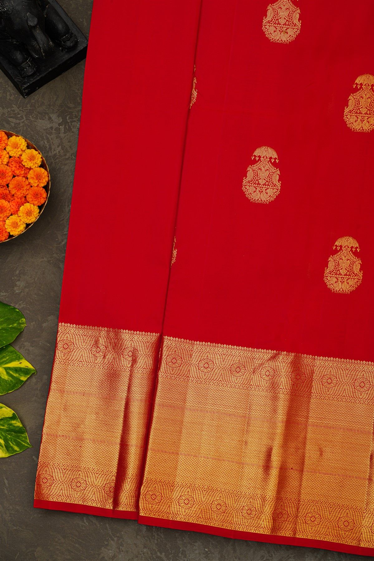 Kancheepuram Silk Red Saree With Gandaberunda Buttis And Birds Body