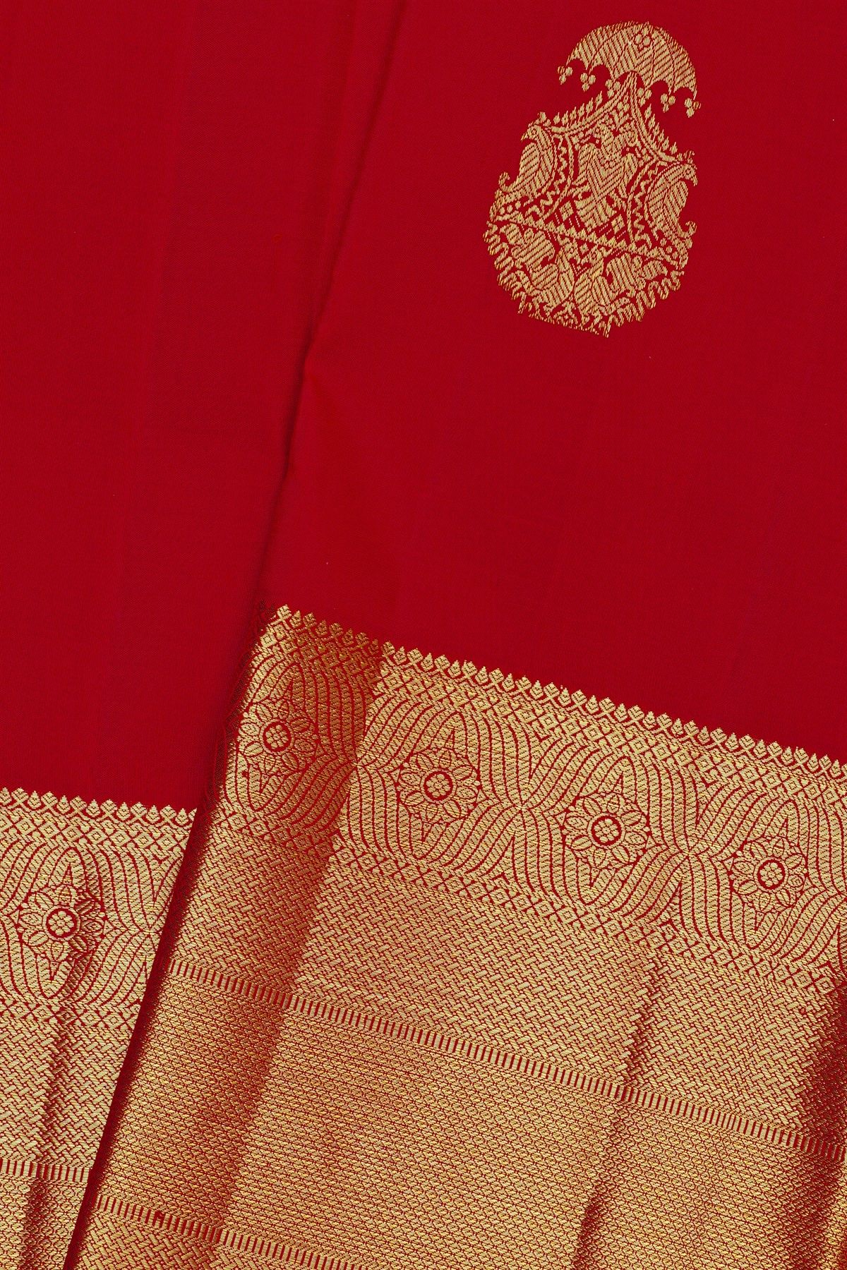 Kancheepuram Silk Red Saree With Gandaberunda Buttis And Birds Body