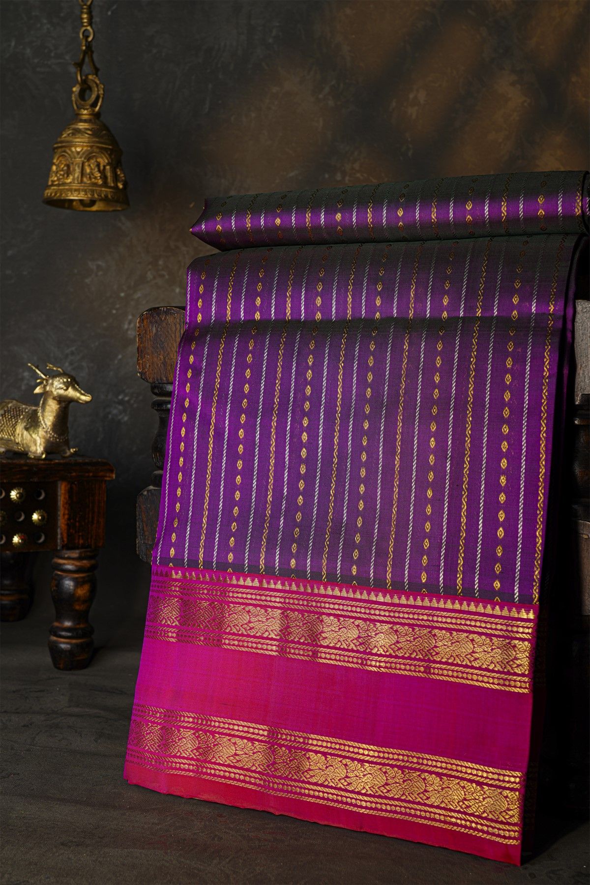 Venkatagiri Silk Violet Saree With Peacock Motif And Gap Border