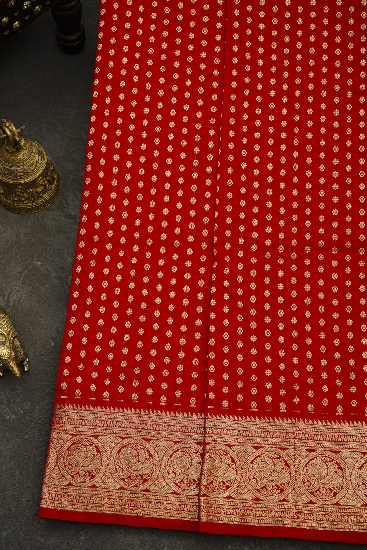 Venkatagiri Silk Red Saree With Florals And Peacocks Border