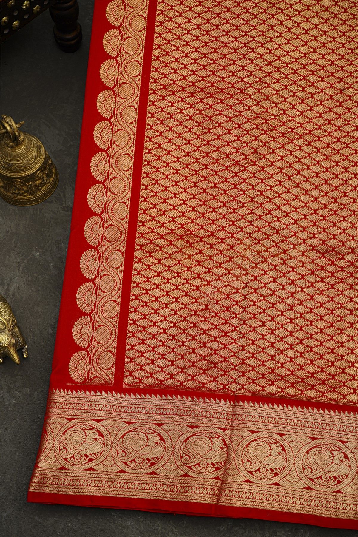 Venkatagiri Silk Red Saree With Florals And Peacocks Border