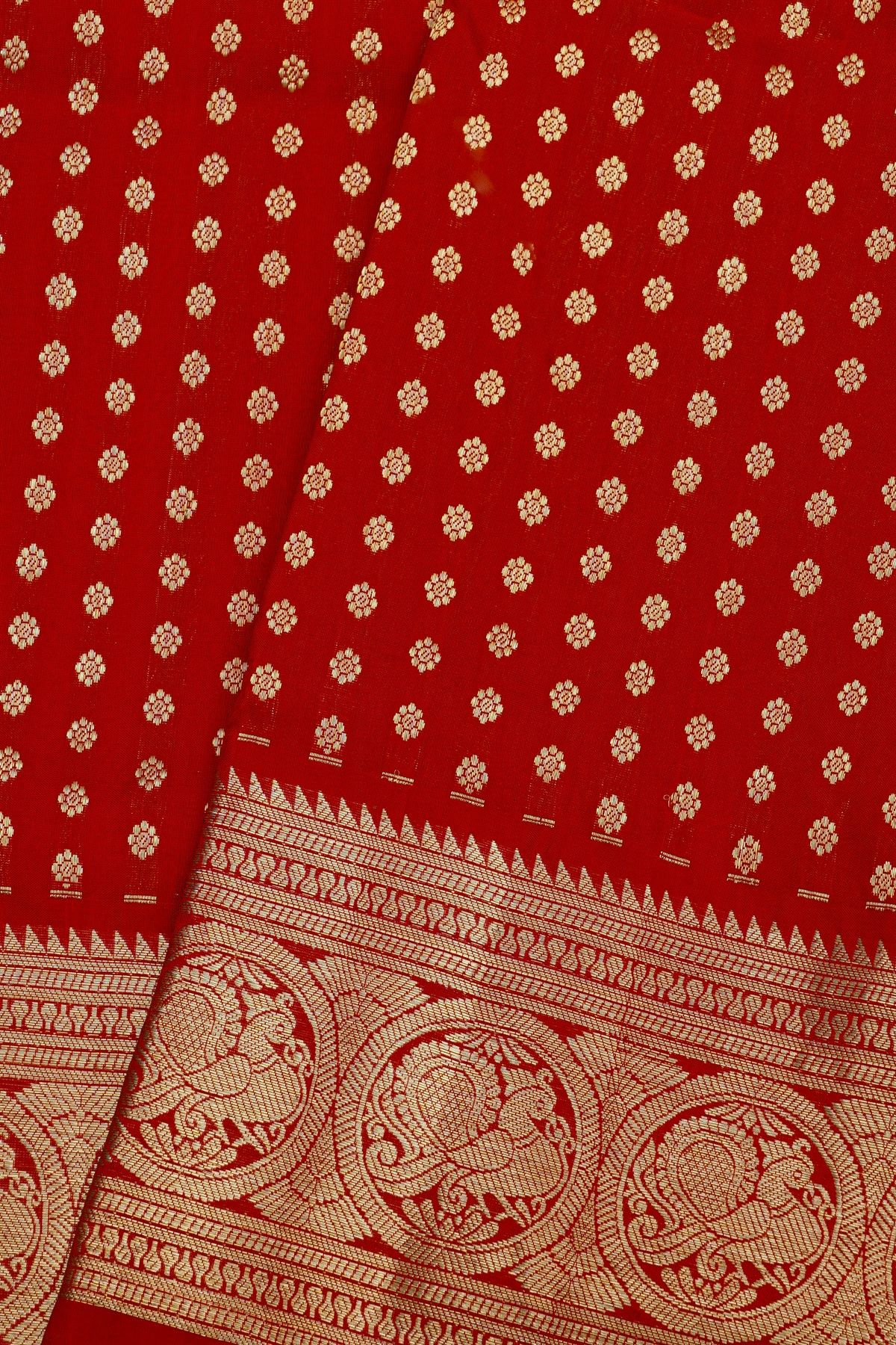 Venkatagiri Silk Red Saree With Florals And Peacocks Border
