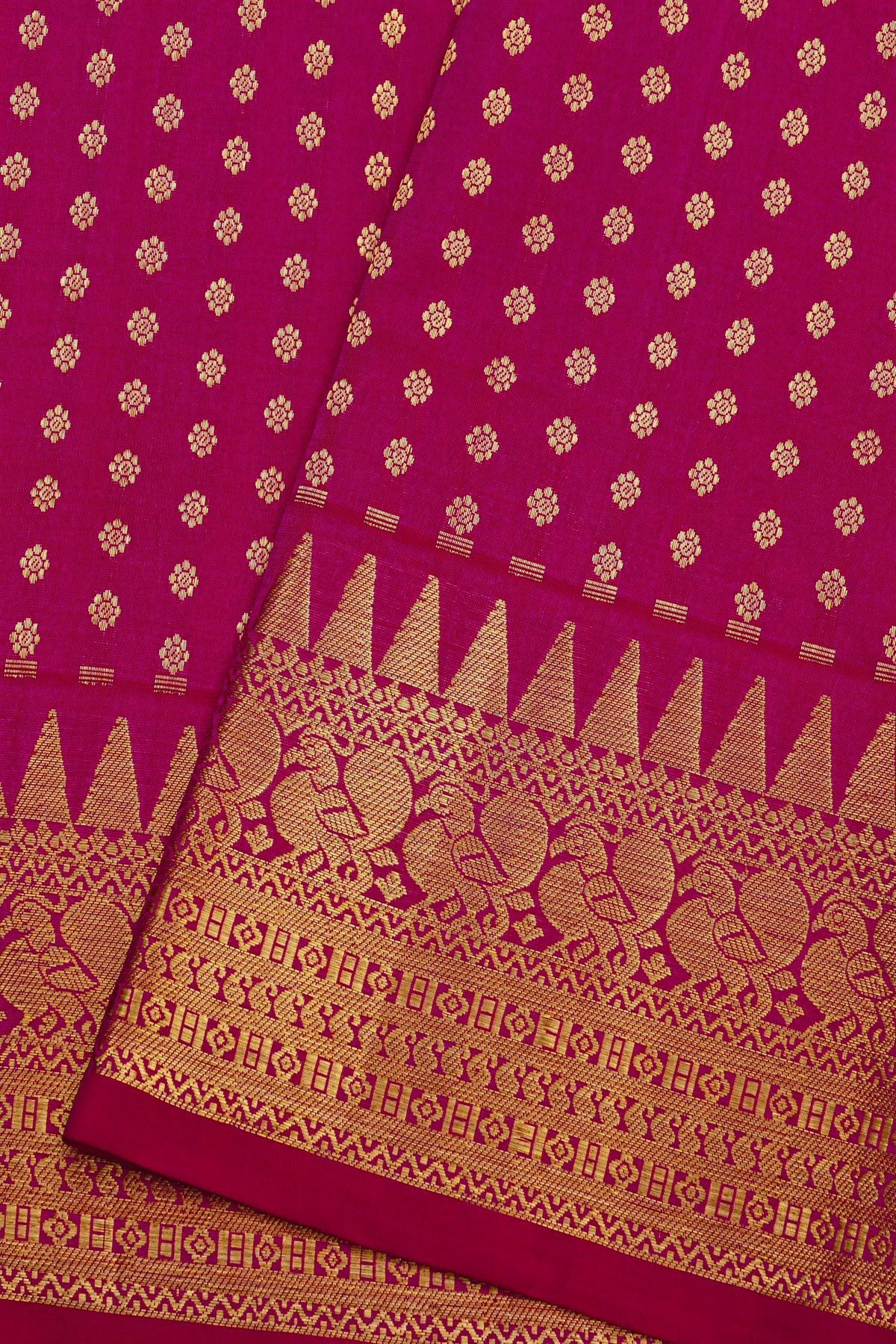 Venkatagiri Silk Rani Pink Saree With Florals And Peacocks Border