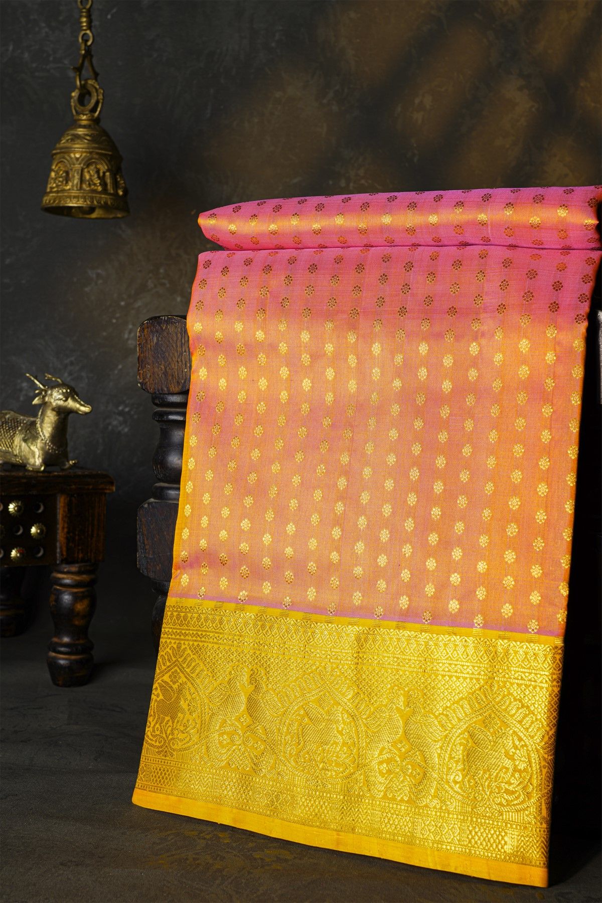 Venkatagiri Silk Peach Orange Saree With Bird And Animal Motif Border