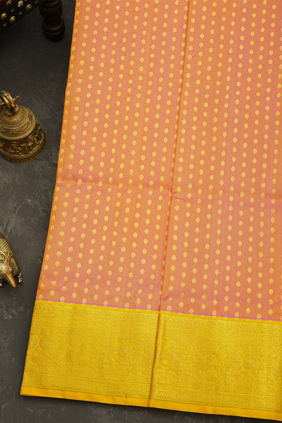 Venkatagiri Silk Peach Orange Saree With Bird And Animal Motif Border