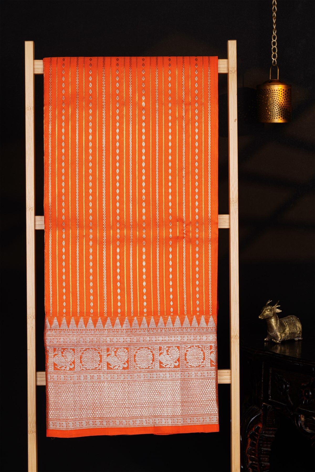 Venkatagiri Silk Orange Saree With Zari Lines And Buttis