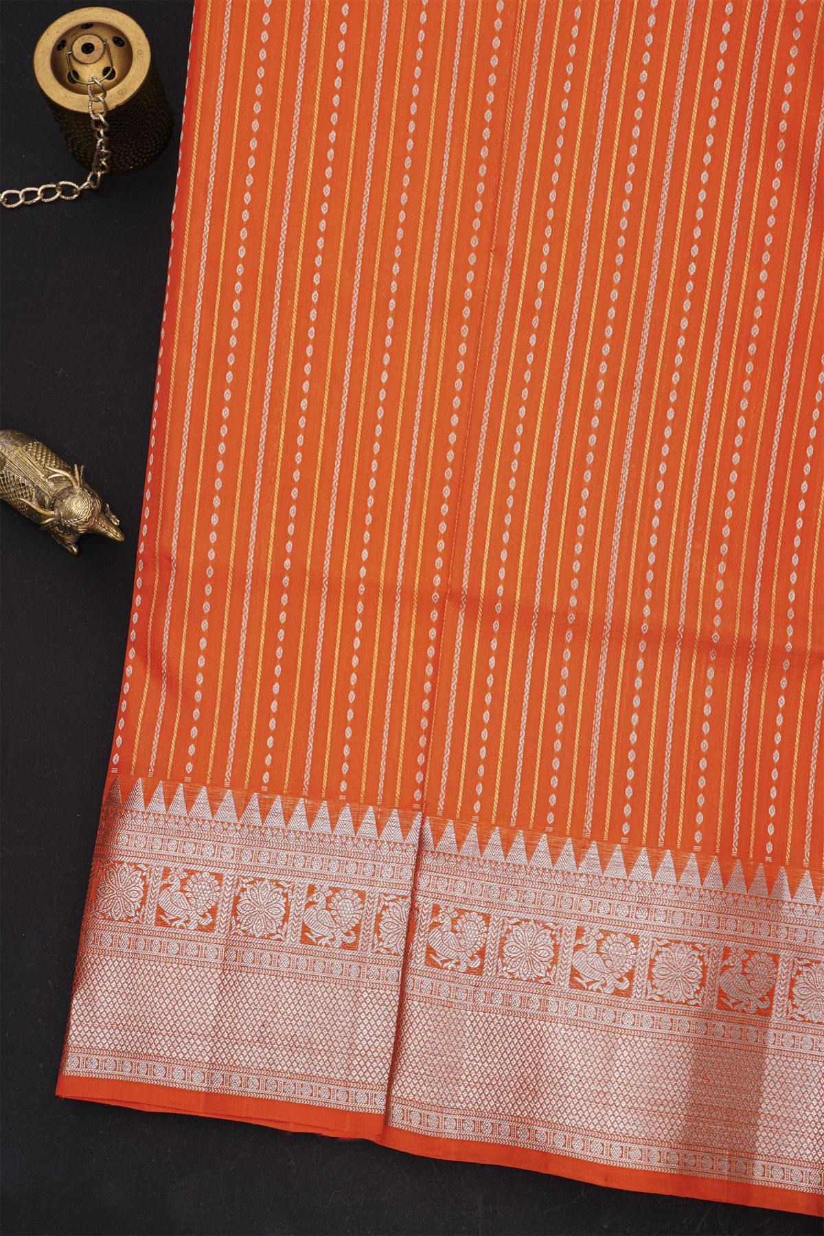 Venkatagiri Silk Orange Saree With Zari Lines And Buttis