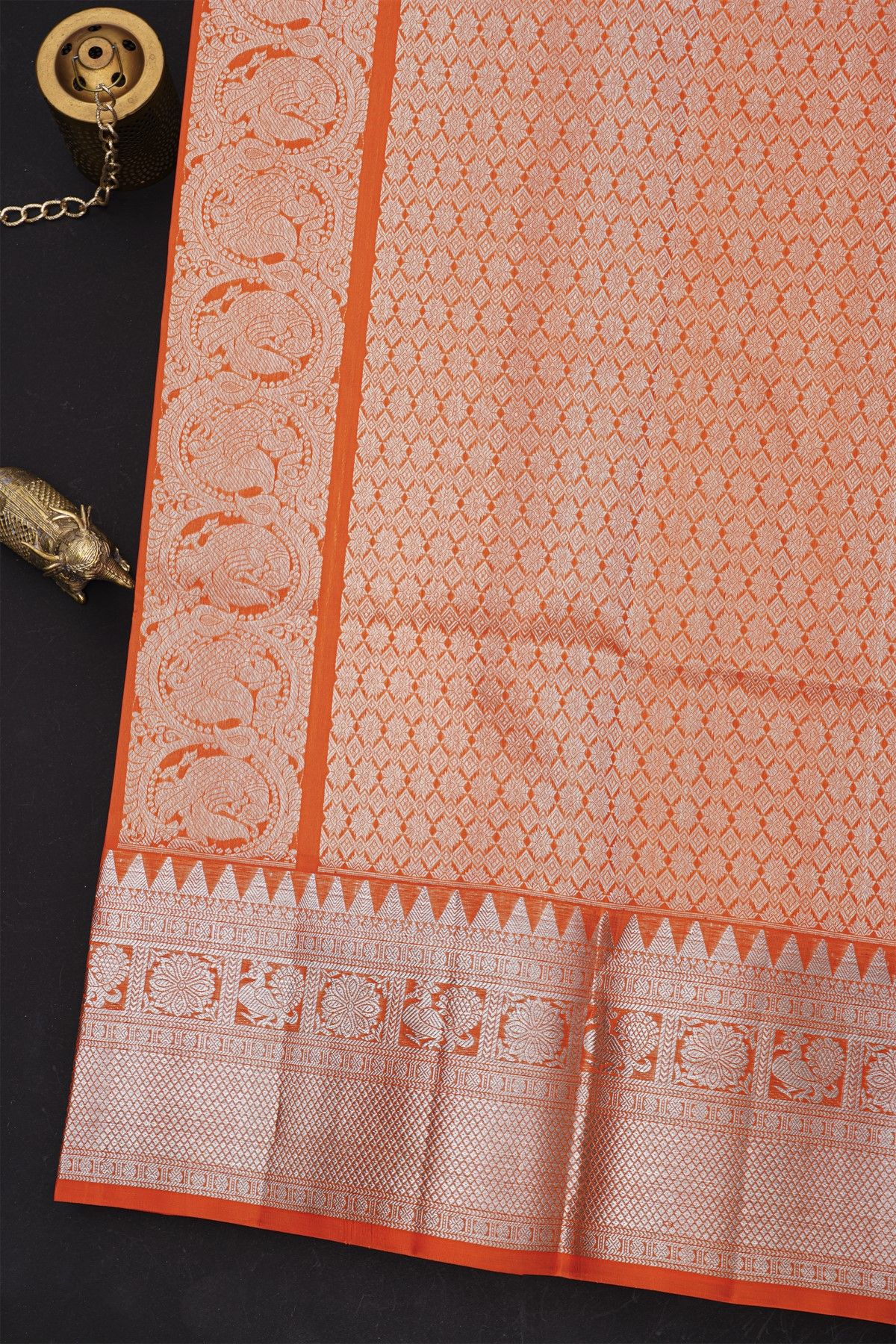 Venkatagiri Silk Orange Saree With Zari Lines And Buttis