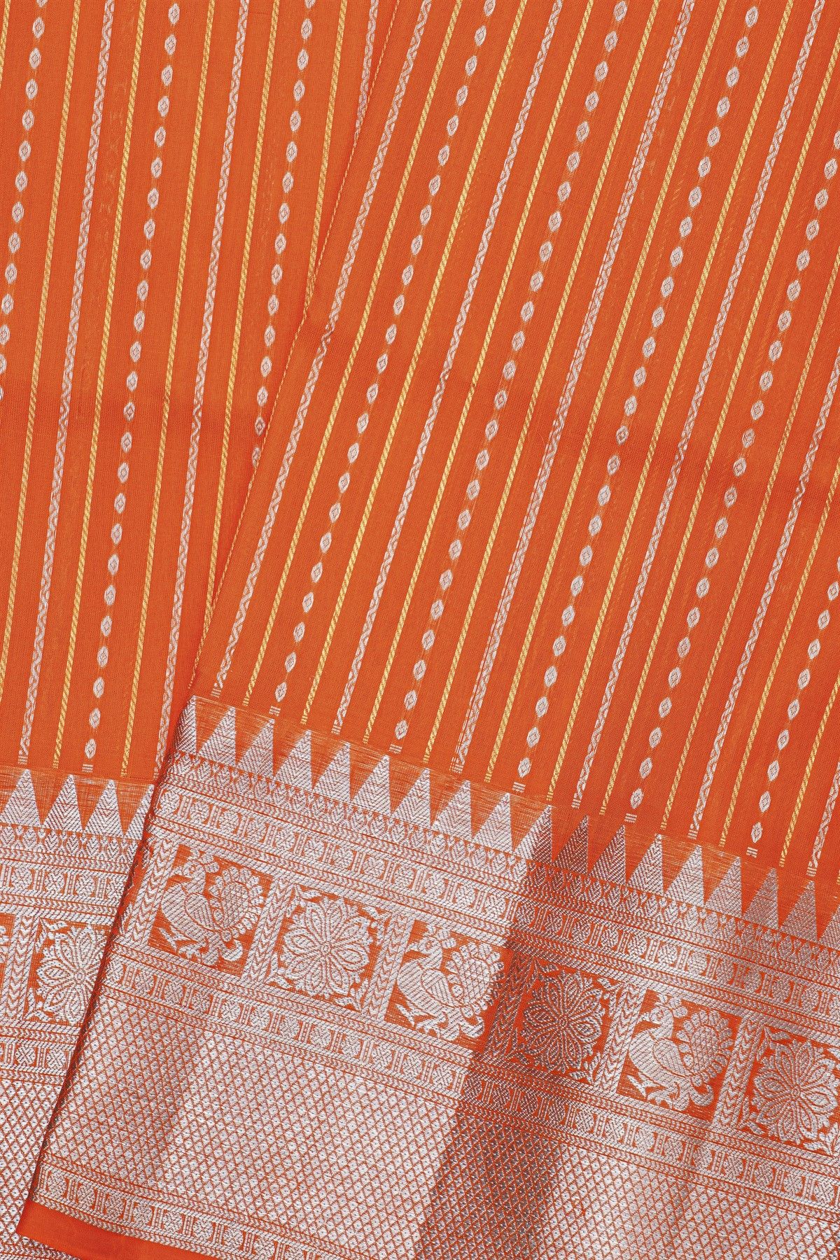 Venkatagiri Silk Orange Saree With Zari Lines And Buttis