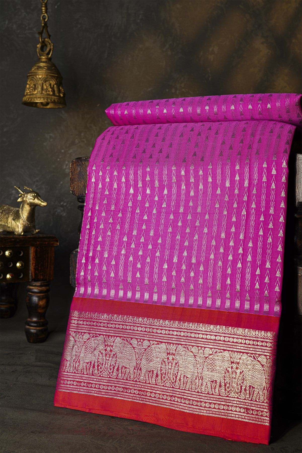 Venkatagiri Silk Rani Pink Saree With Florals And Elephants Border