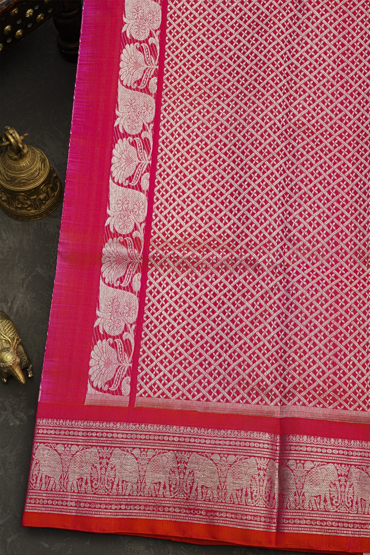 Venkatagiri Silk Rani Pink Saree With Florals And Elephants Border