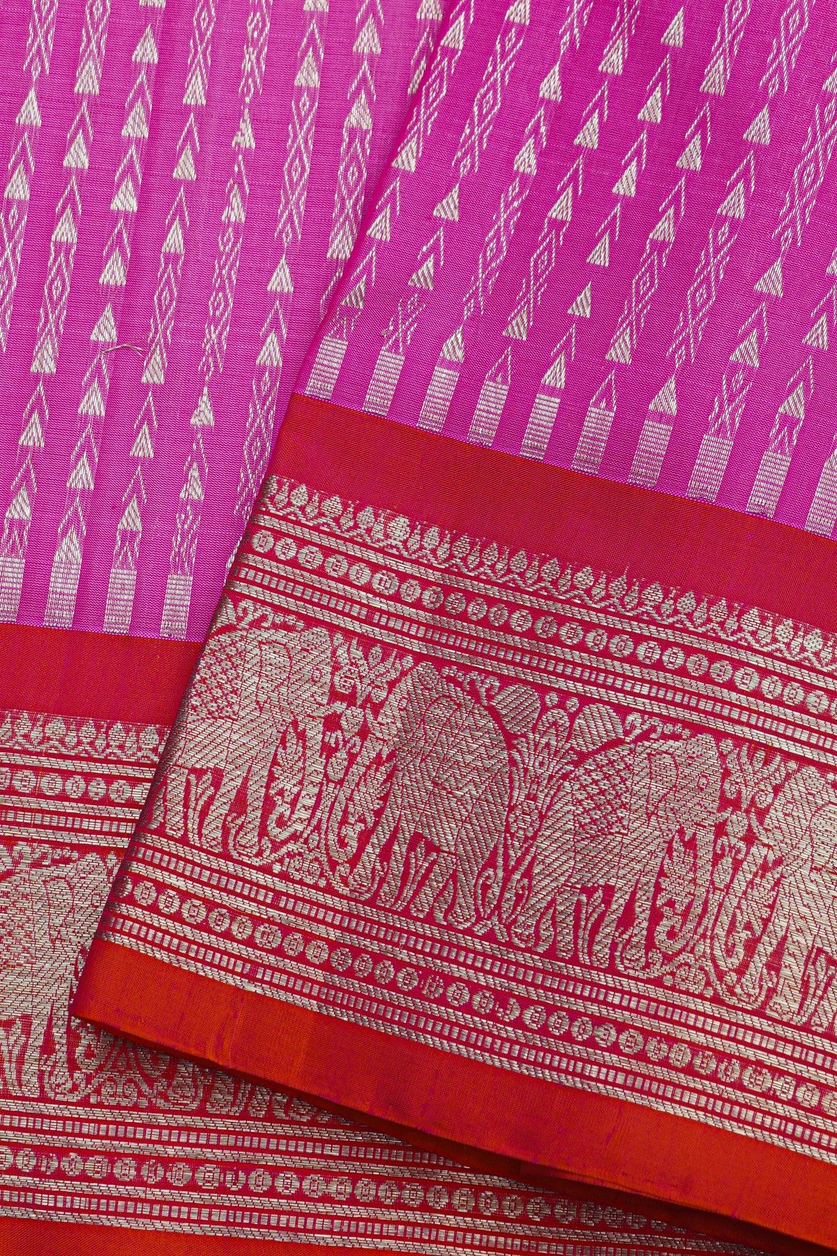 Venkatagiri Silk Rani Pink Saree With Florals And Elephants Border