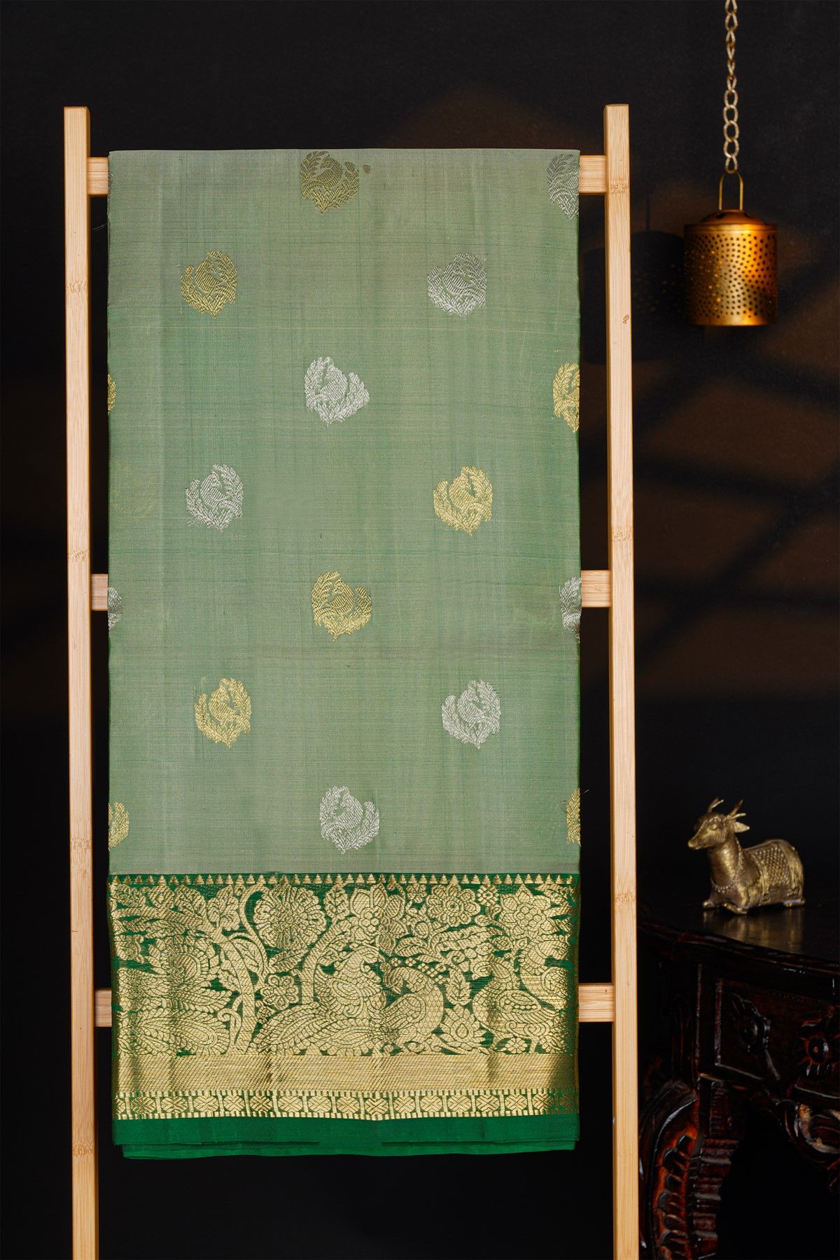 Venkatagiri Silk Sage Green Saree With Florals And Buttis Body