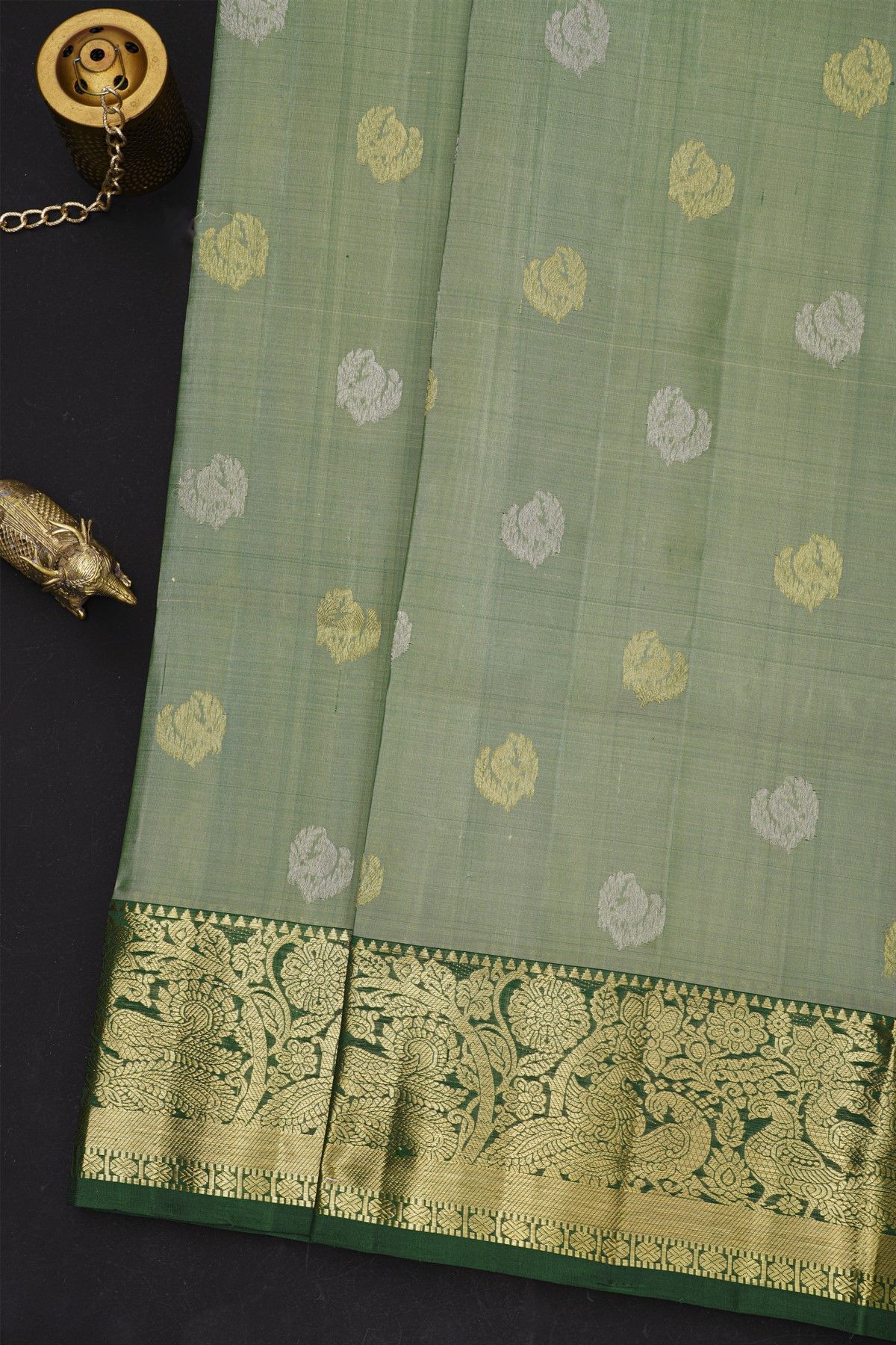 Venkatagiri Silk Sage Green Saree With Florals And Buttis Body