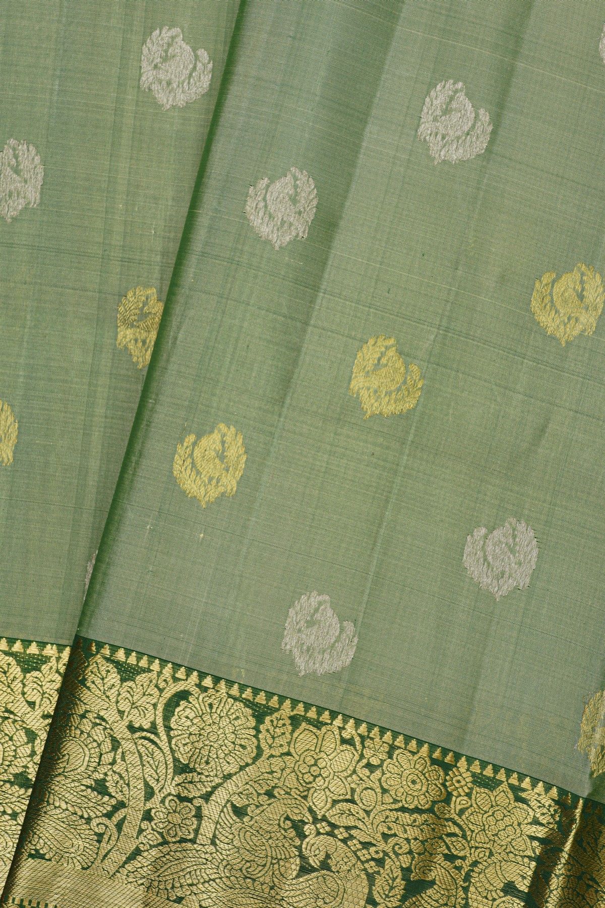 Venkatagiri Silk Sage Green Saree With Florals And Buttis Body