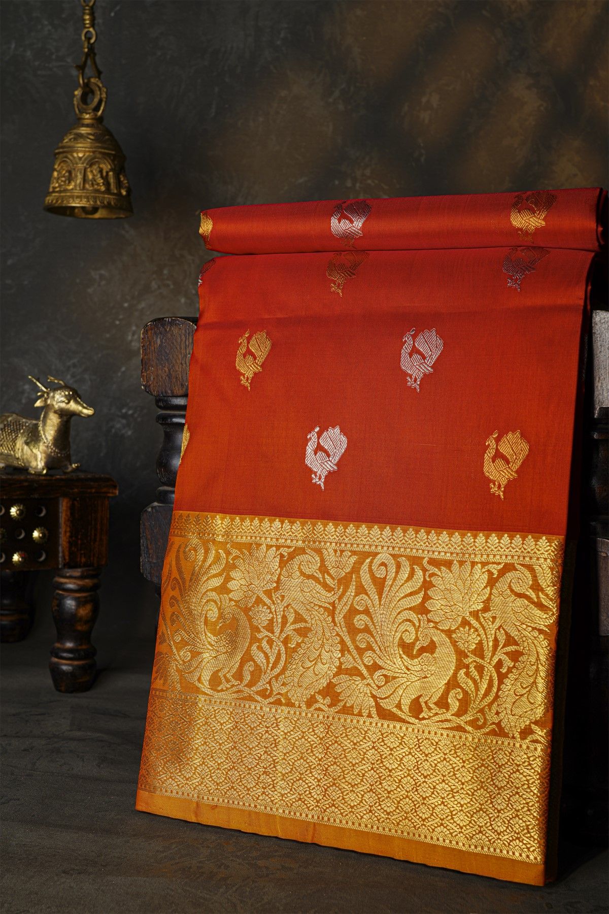 Venkatagiri Silk Brick Red Saree With Peacock And Floral Border