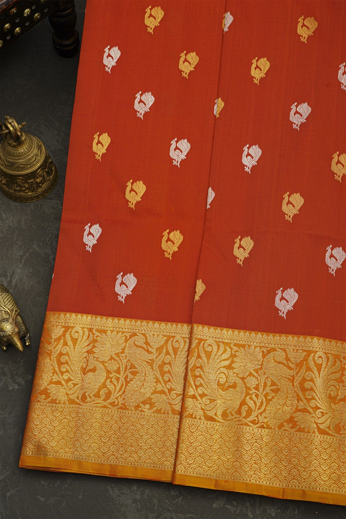 Venkatagiri Silk Brick Red Saree With Peacock And Floral Border