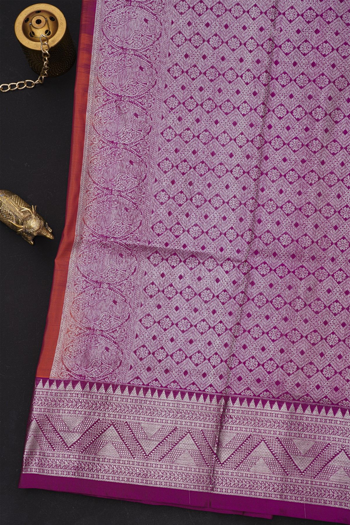 Venkatagiri Silk Rust Orange Saree With Florals And Peacock Buttis Body