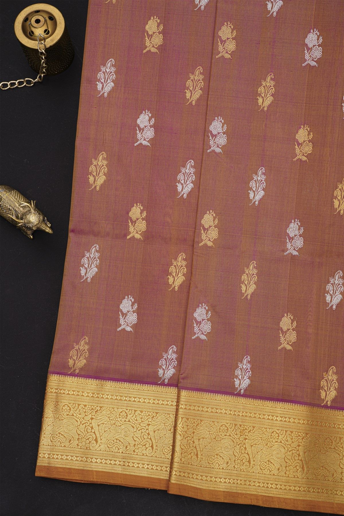 Venkatagiri Silk Mauve Pink And Orange Saree With Florals And Leaves Yallis Border