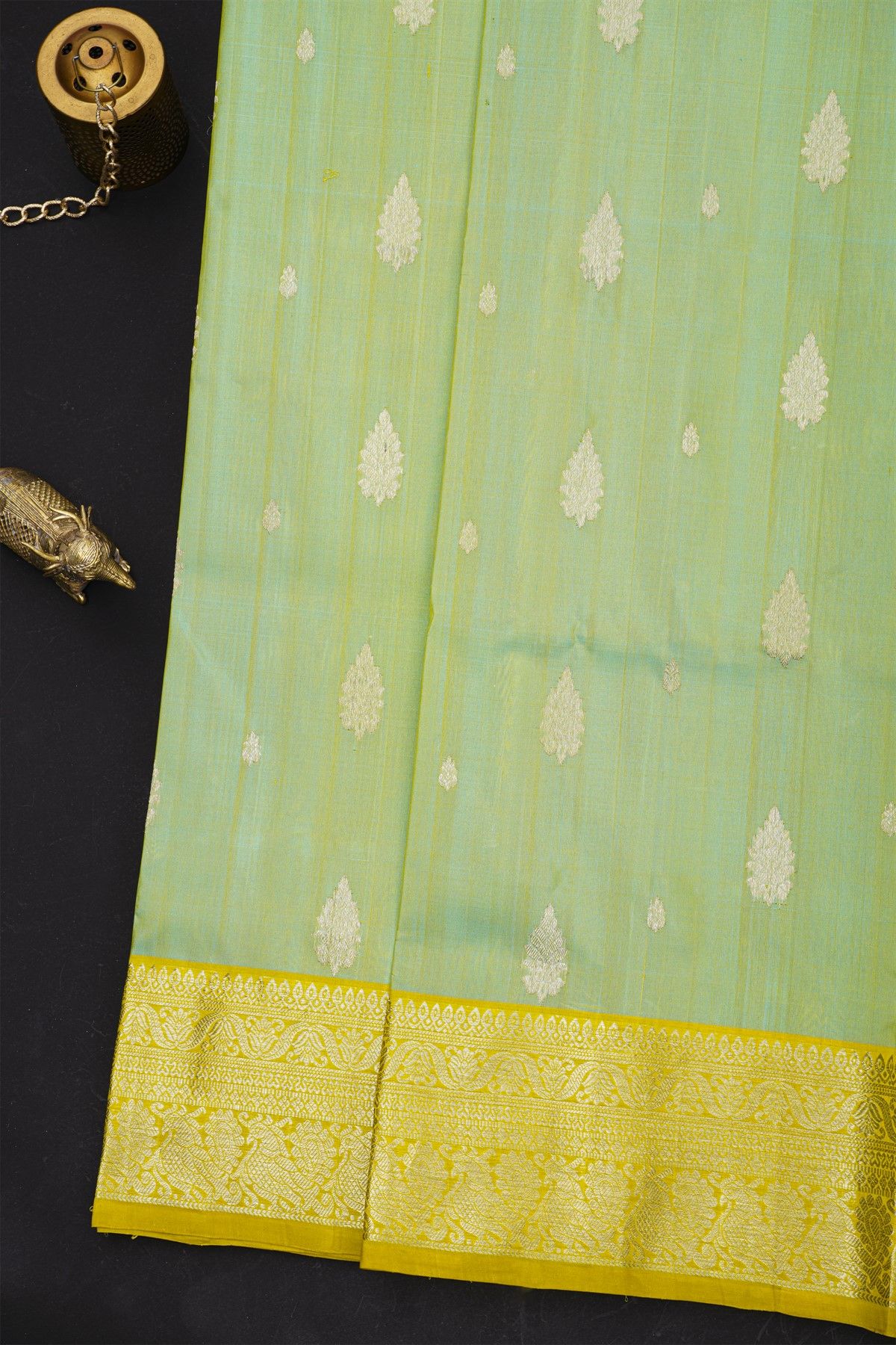 Venkatagiri Silk Mint Green Saree With Florals And Leaves Jaal Birds Border