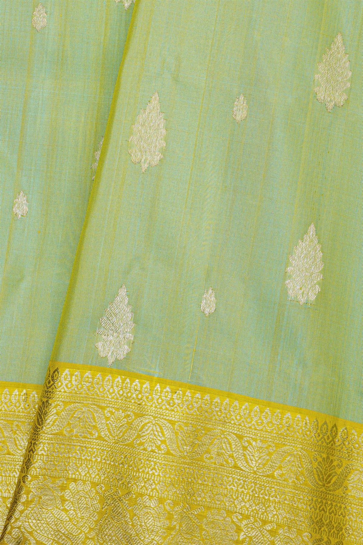 Venkatagiri Silk Mint Green Saree With Florals And Leaves Jaal Birds Border