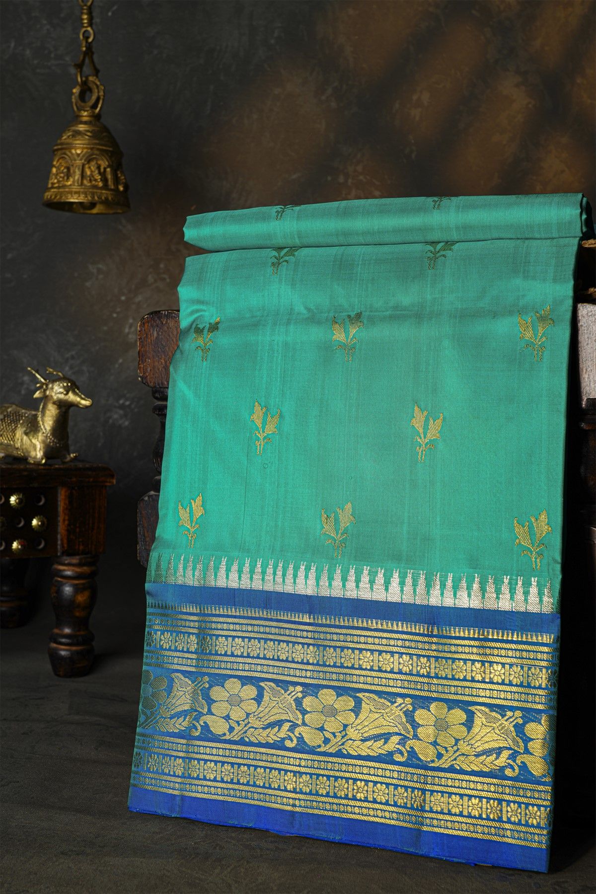 Venkatagiri Silk Sea Green Saree With Floral And Leaves Border