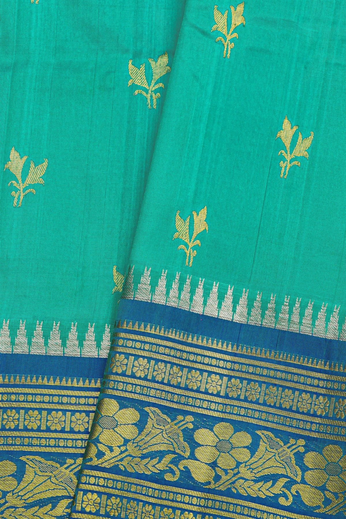 Venkatagiri Silk Sea Green Saree With Floral And Leaves Border