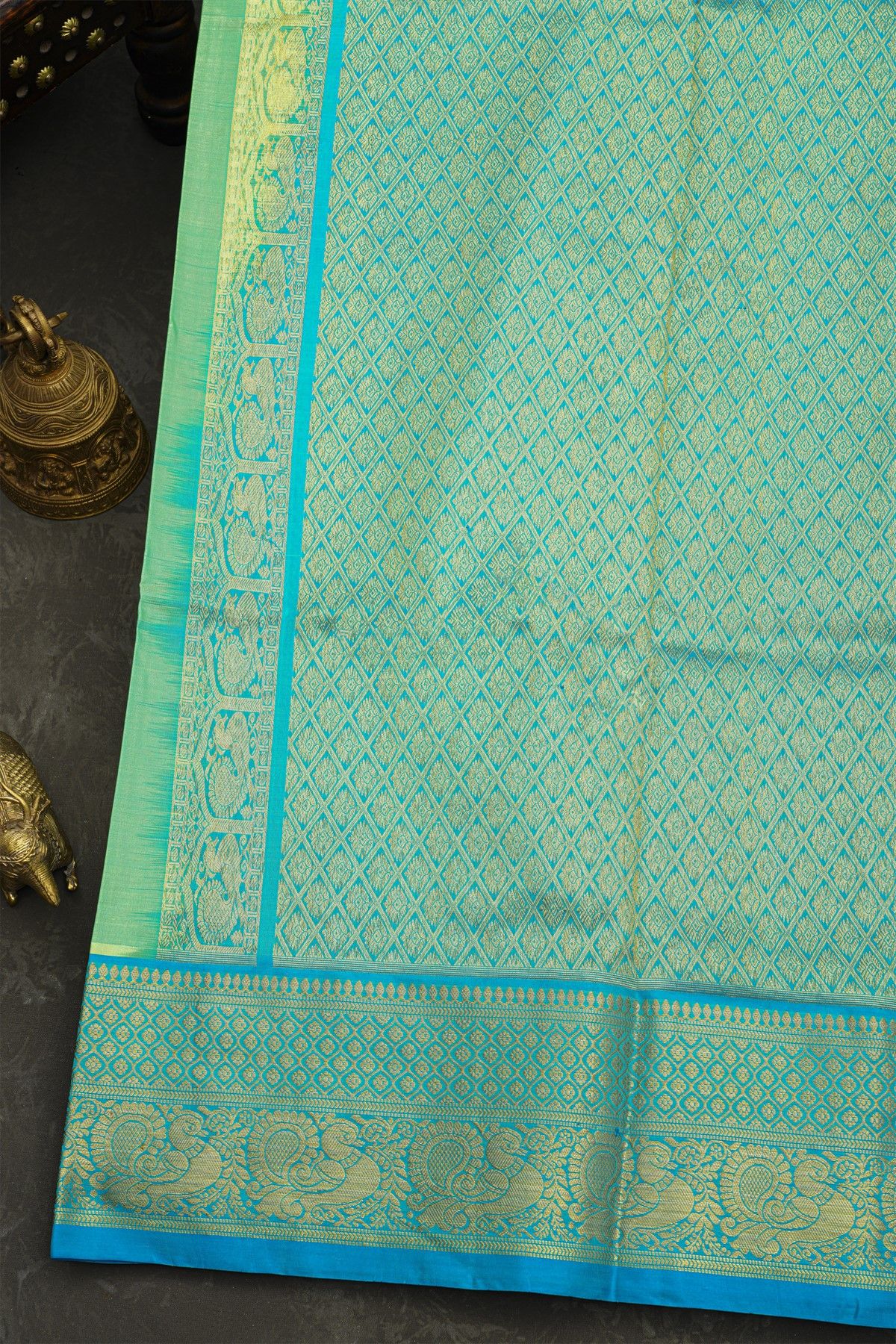 Venkatagiri Silk Mint Green Saree With Florals And Peacocks Border