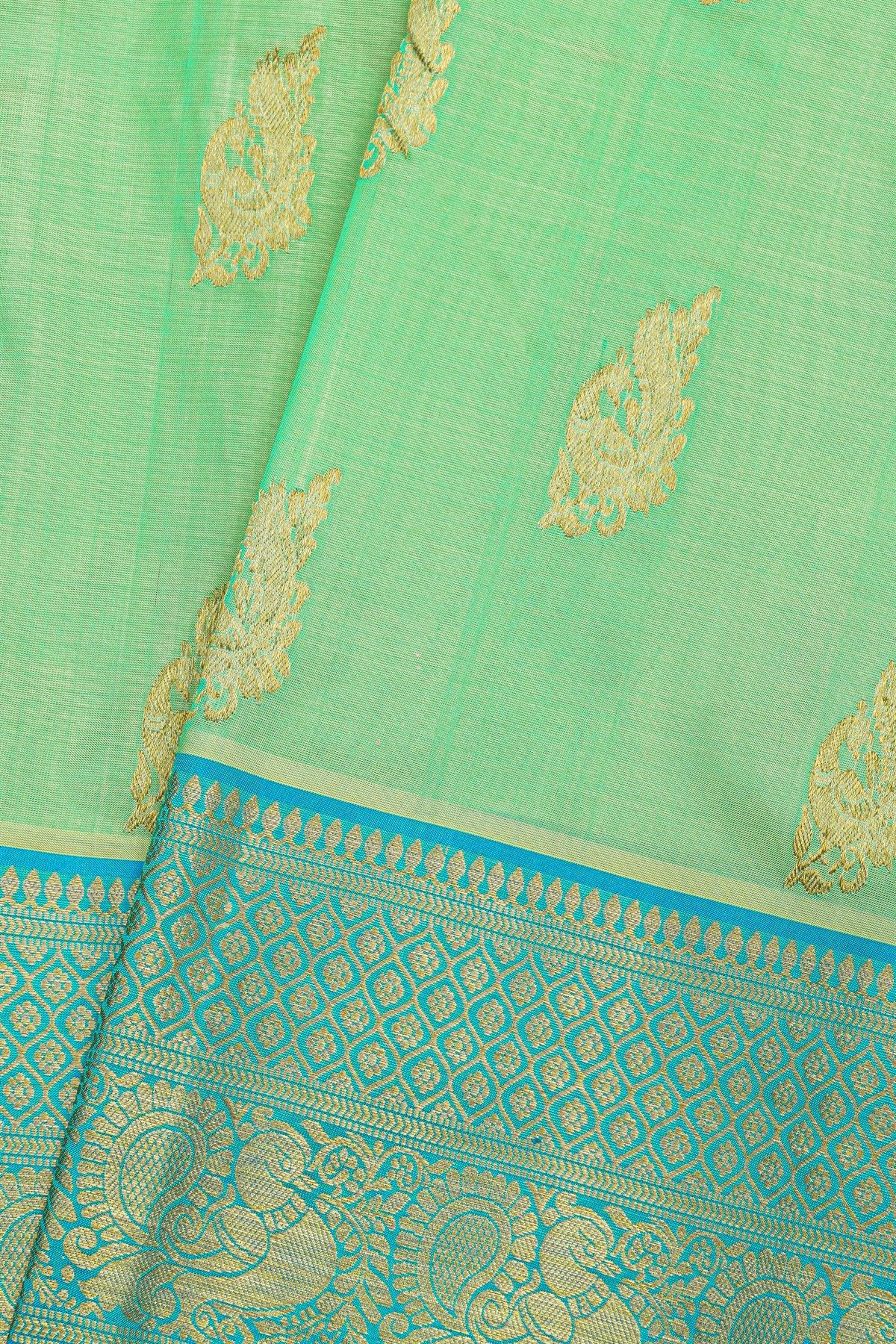 Venkatagiri Silk Mint Green Saree With Florals And Peacocks Border