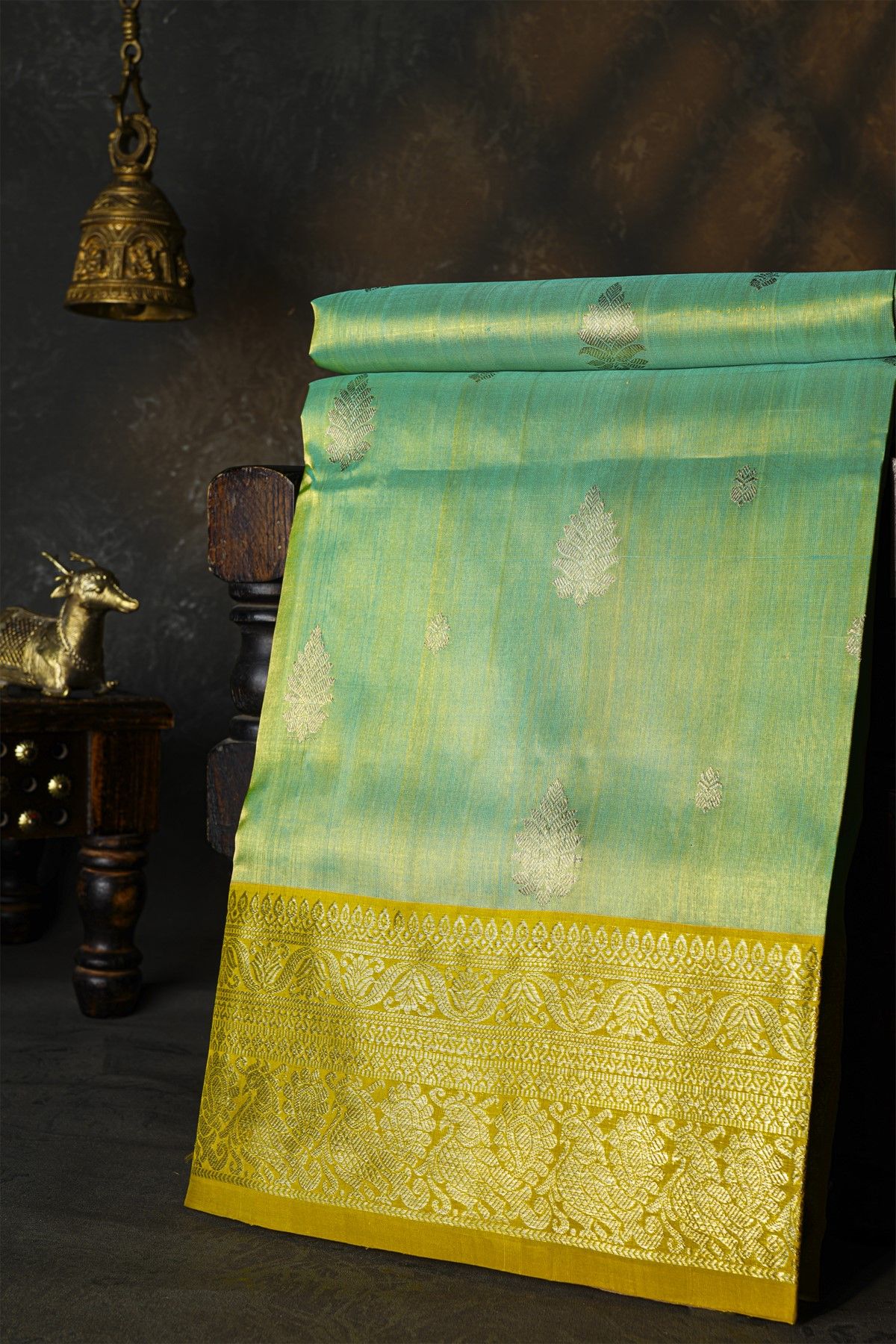 Venkatagiri Silk Pista Green Saree With Florals And Buttis Body