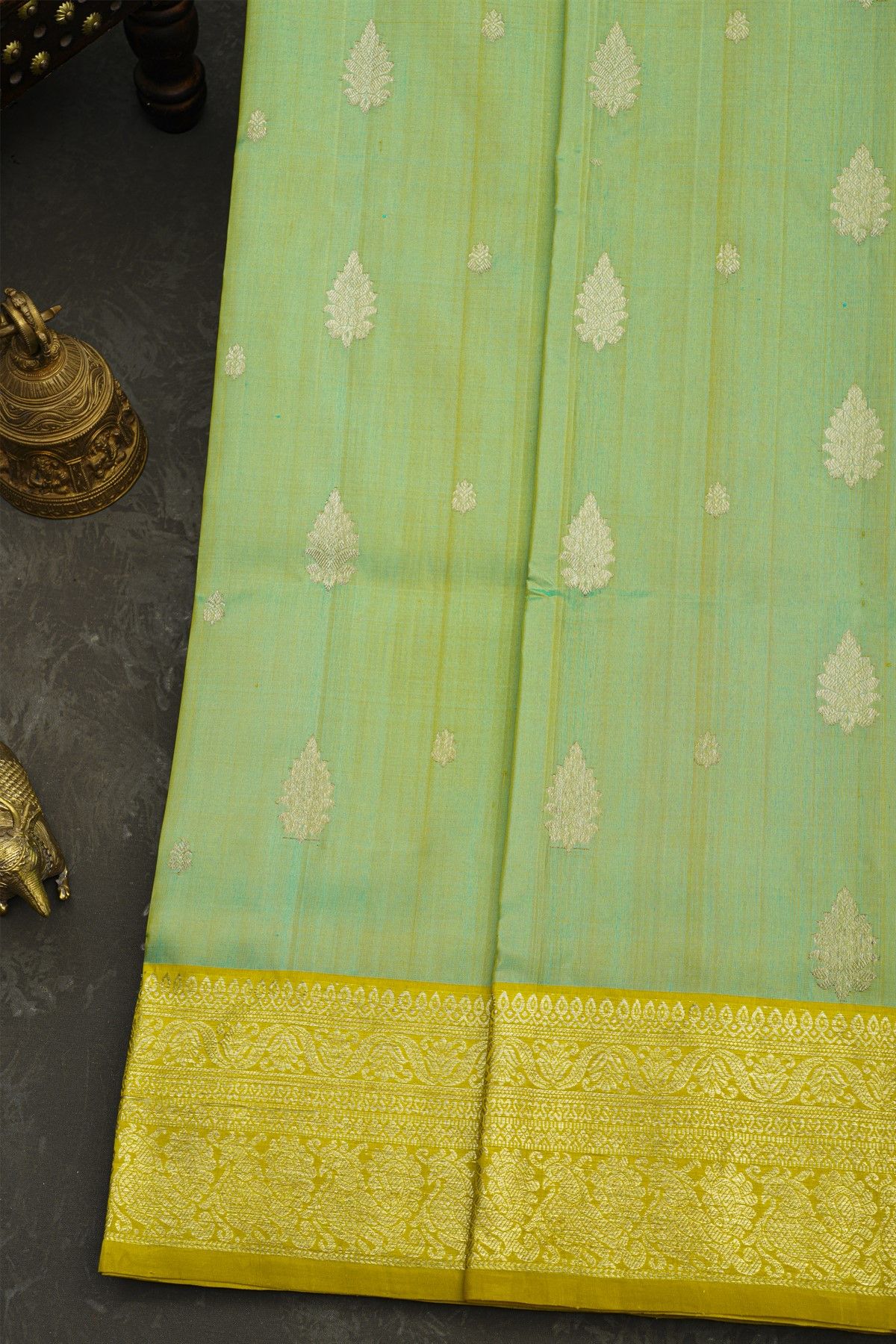 Venkatagiri Silk Pista Green Saree With Florals And Buttis Body