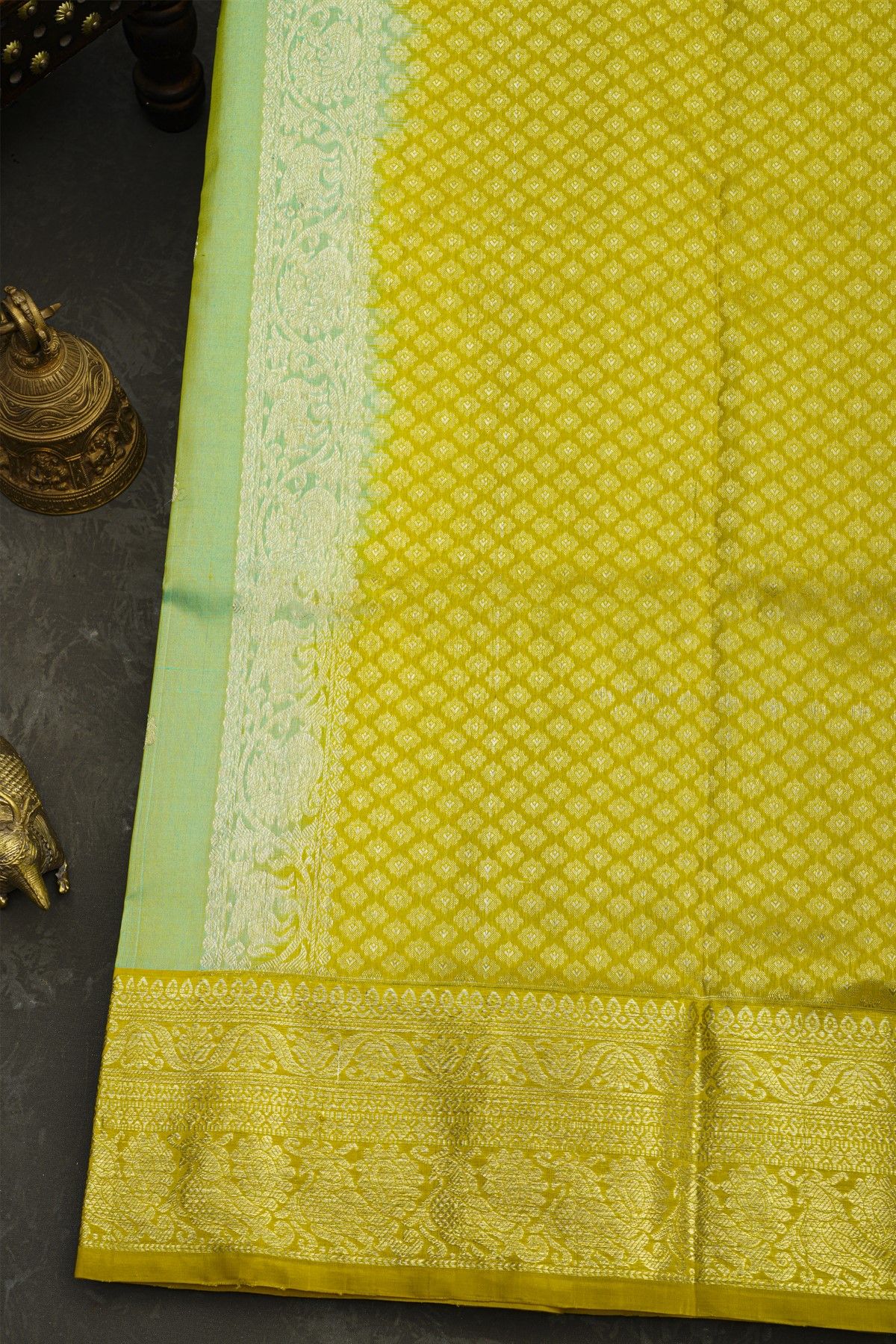 Venkatagiri Silk Pista Green Saree With Florals And Buttis Body