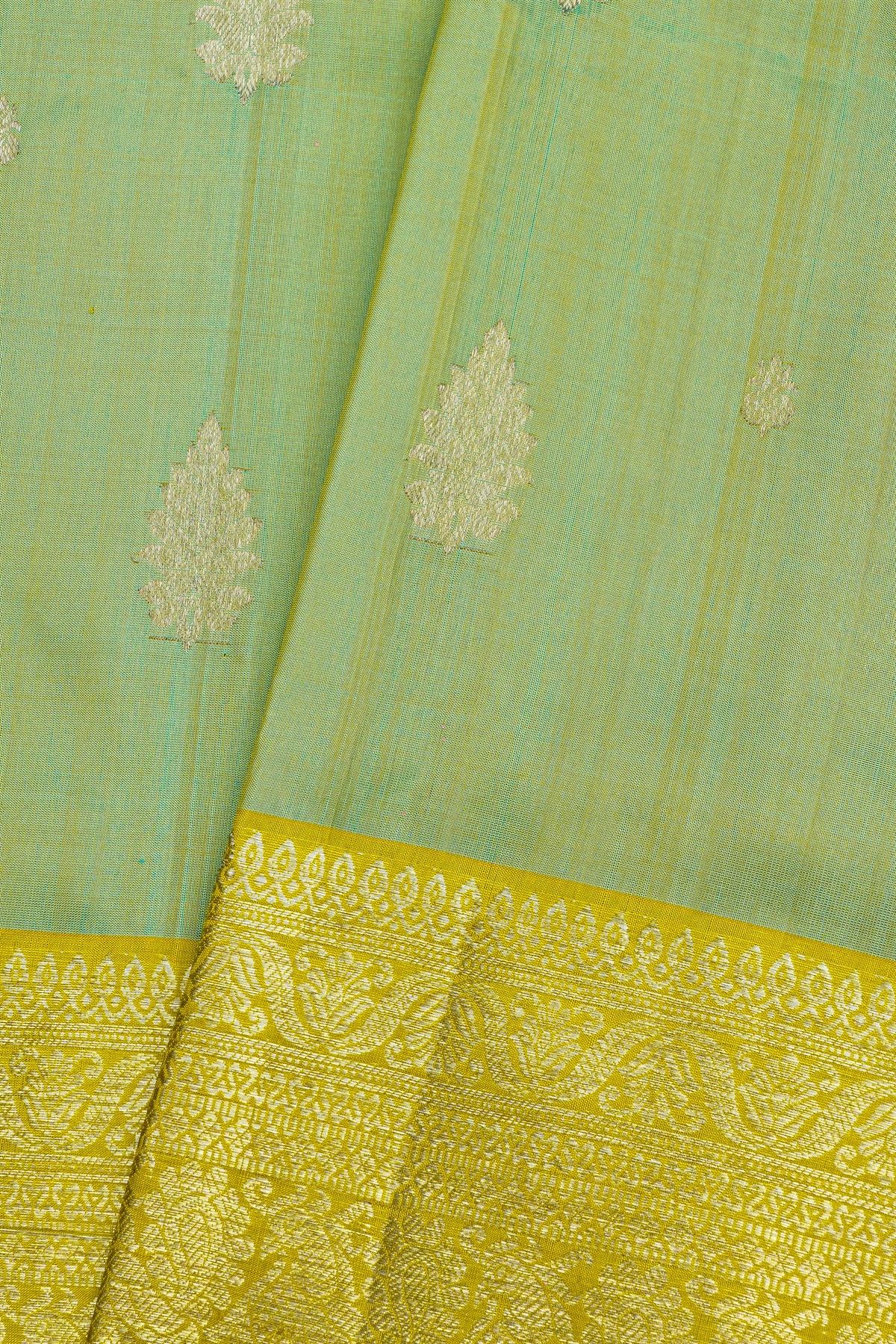 Venkatagiri Silk Pista Green Saree With Florals And Buttis Body