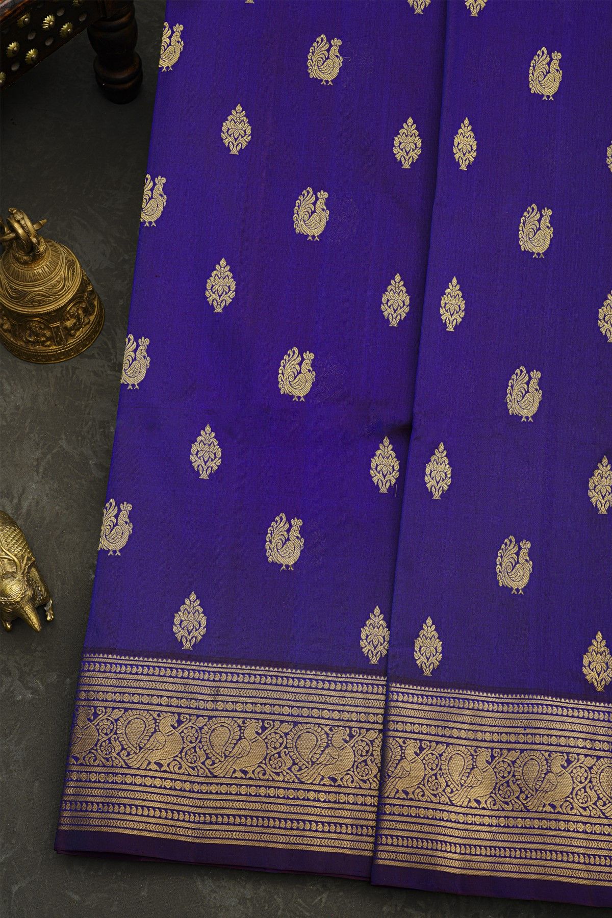 Venkatagiri Silk Dark Violet Saree With Florals And Peacocks Motif Border
