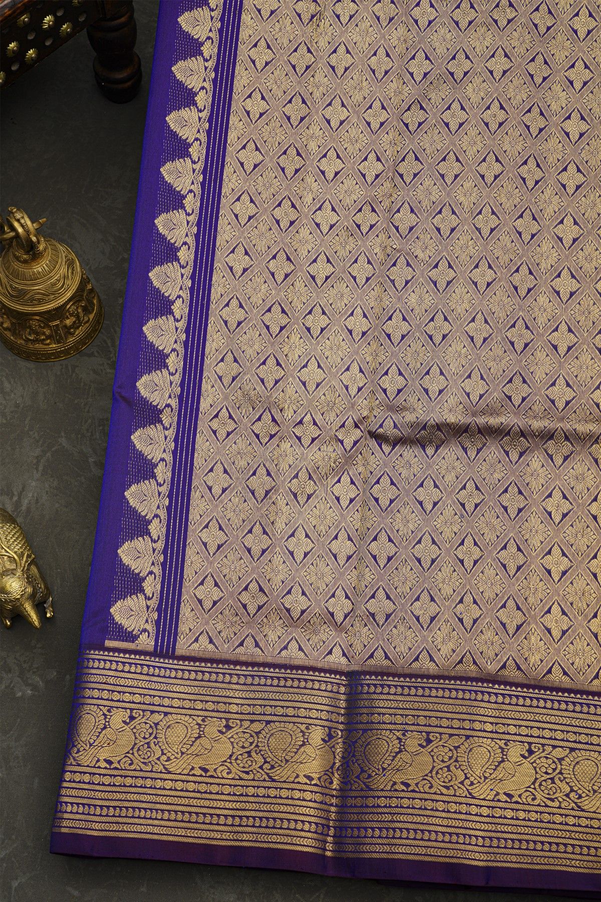 Venkatagiri Silk Dark Violet Saree With Florals And Peacocks Motif Border
