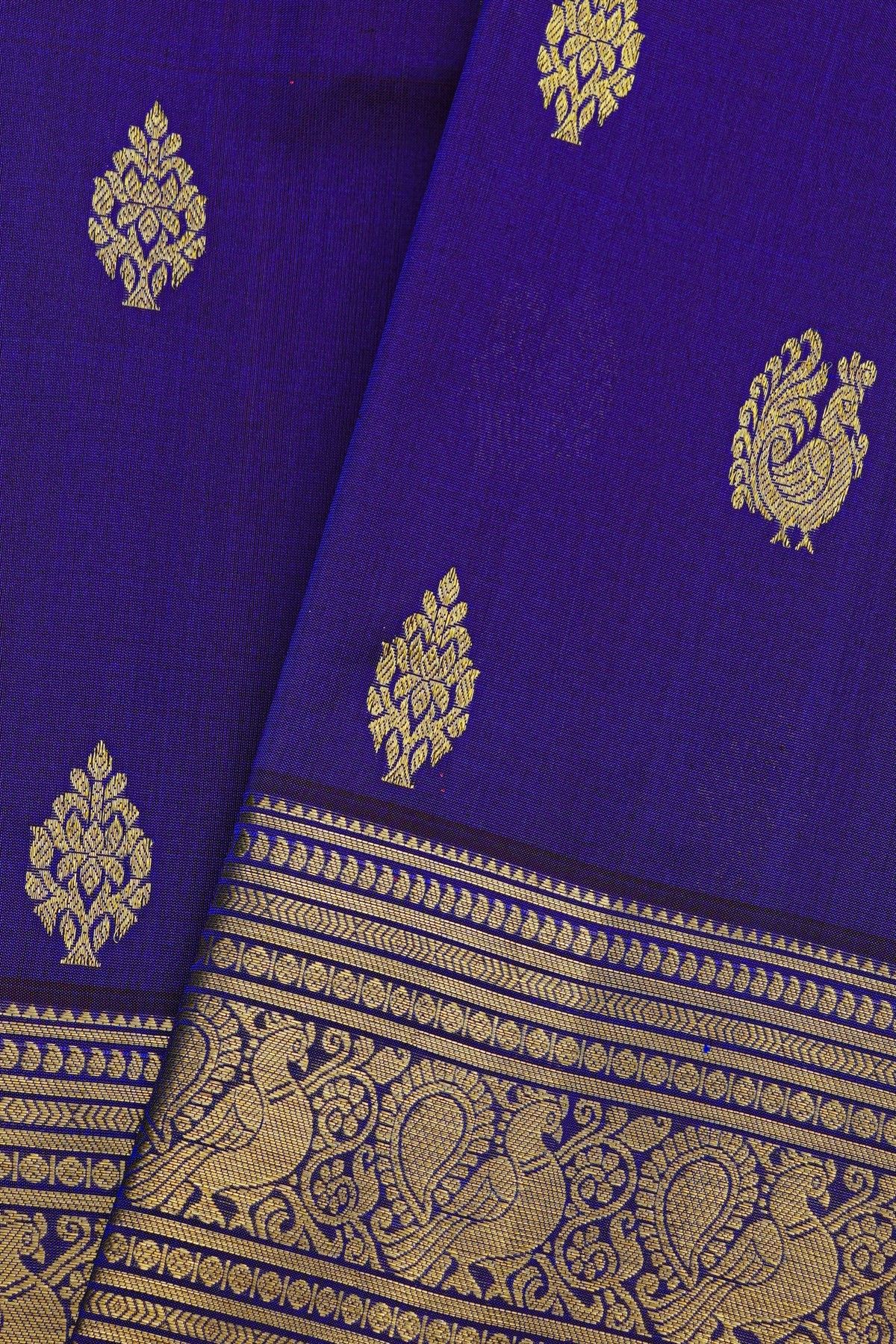 Venkatagiri Silk Dark Violet Saree With Florals And Peacocks Motif Border