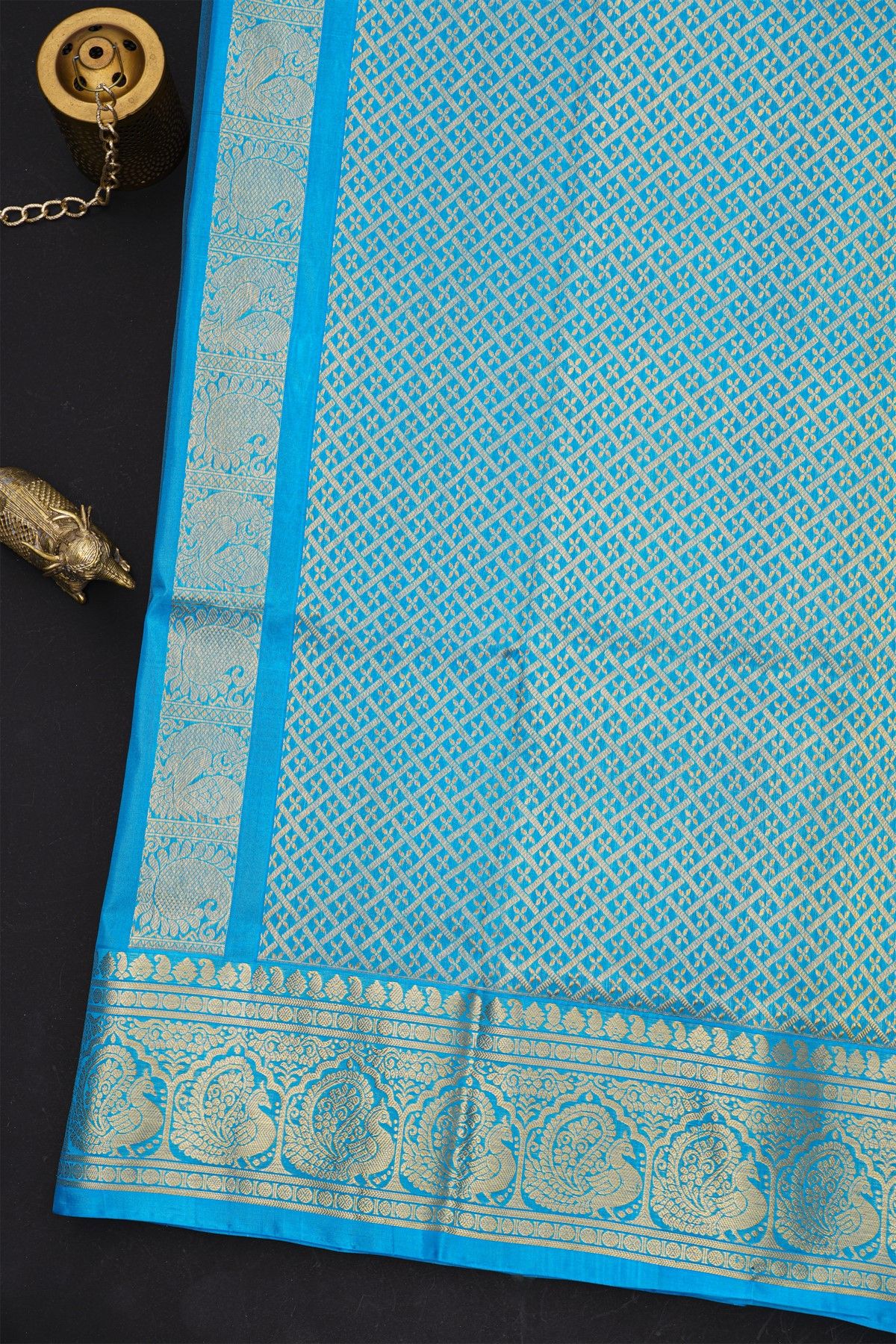 Venkatagiri Silk Royal Blue Saree With Florals And Peacock Buttis Body