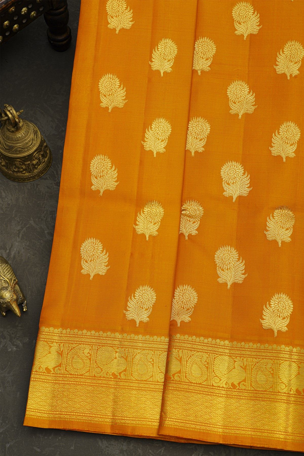 Venkatagiri Silk Peach Orange Saree With Floral And Leaf Body