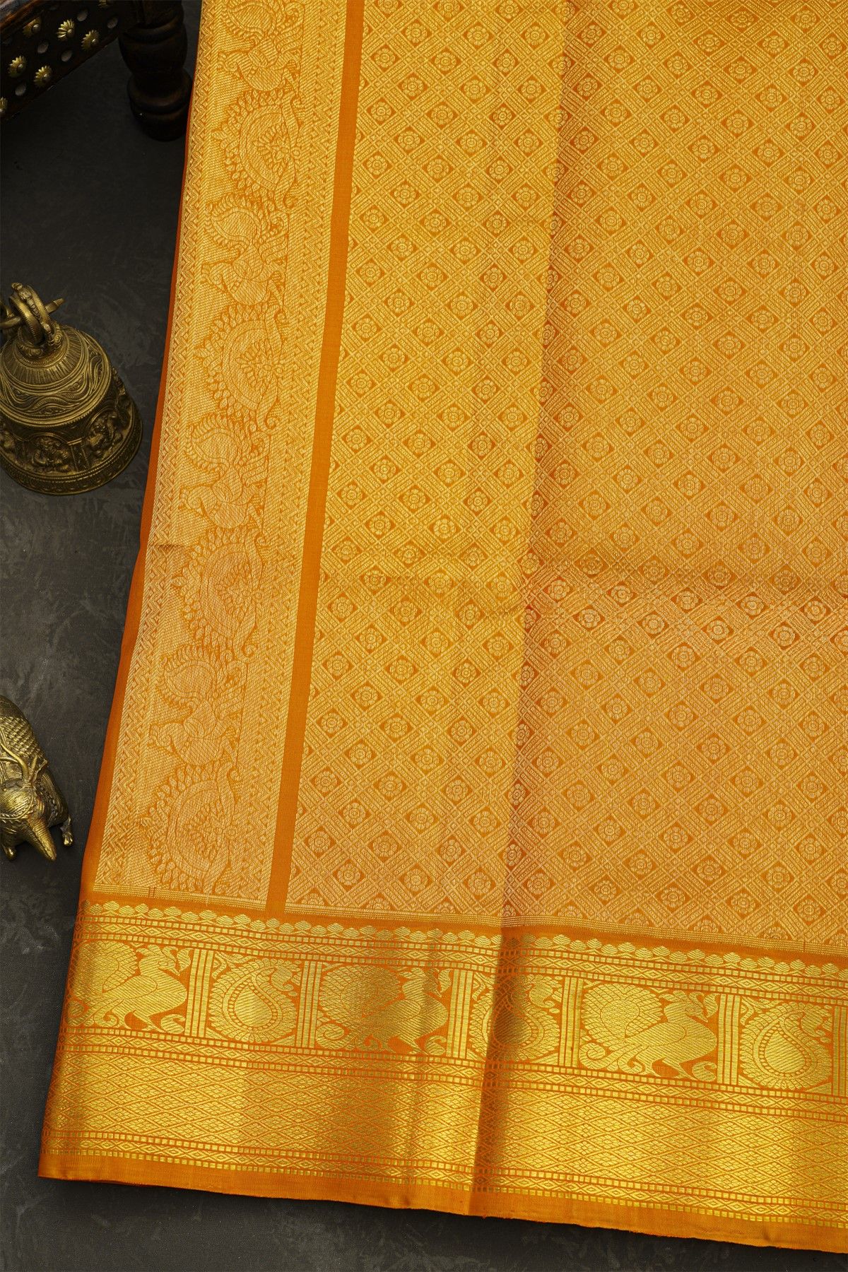 Venkatagiri Silk Peach Orange Saree With Floral And Leaf Body